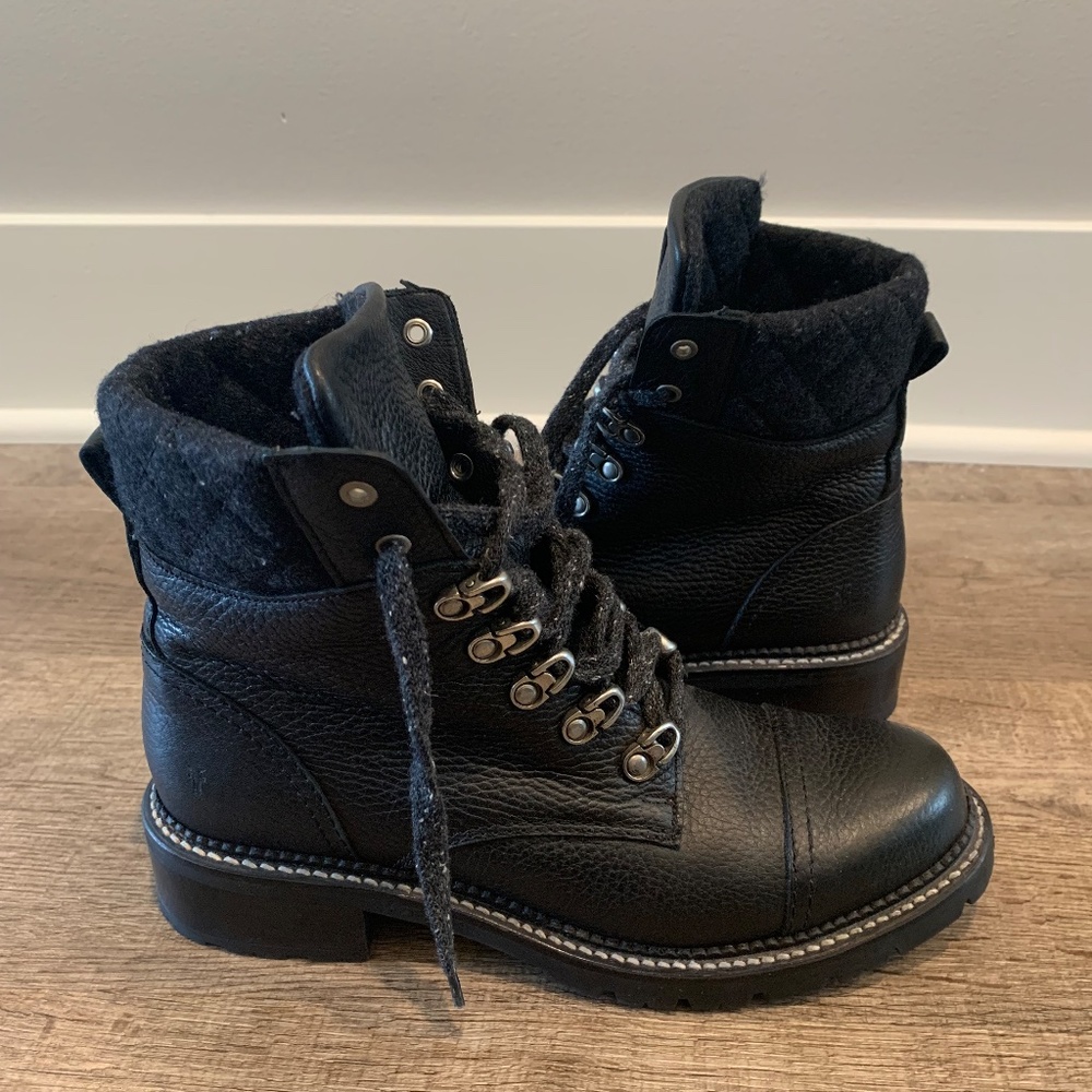 Frye Samantha Hiker Black Leather Combat Boot Size 8.5
